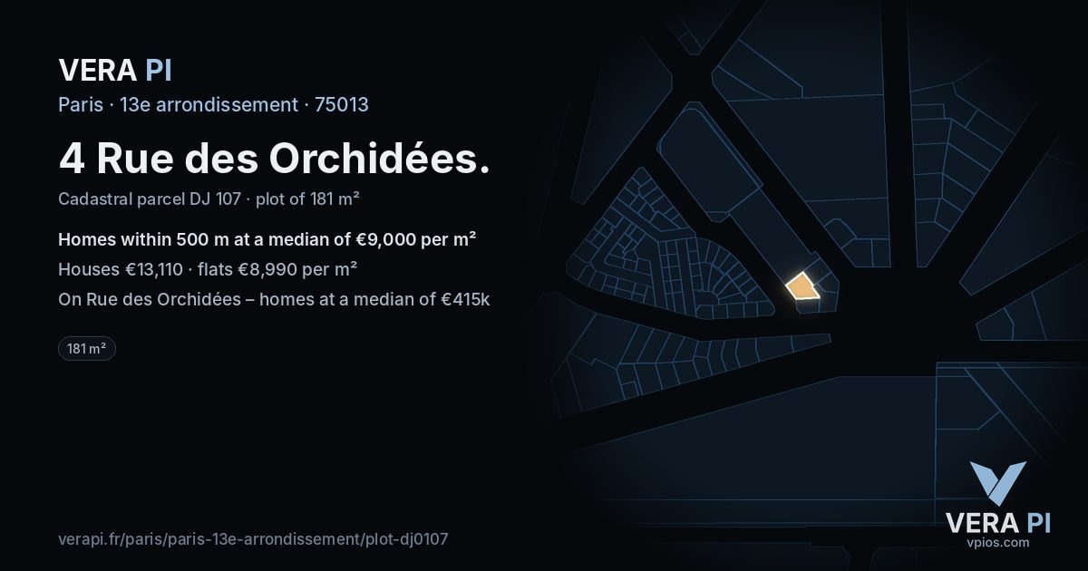 4 Rue des Orchidées, 13e arrondissement at night – the plot lit, the parcels around coloured by the prices near them