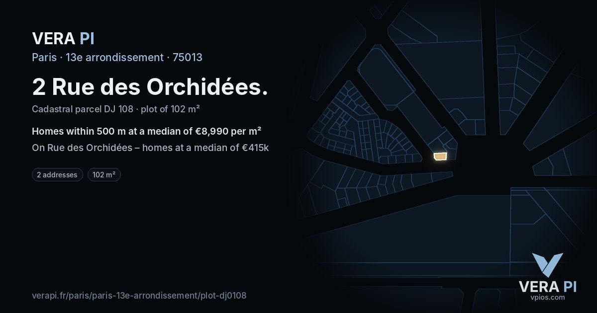 2 Rue des Orchidées, 13e arrondissement at night – the plot lit, the parcels around coloured by the prices near them