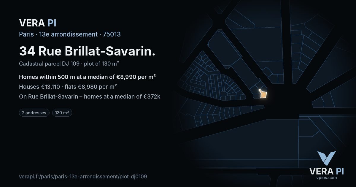34 Rue Brillat-Savarin, 13e arrondissement at night – the plot lit, the parcels around coloured by the prices near them