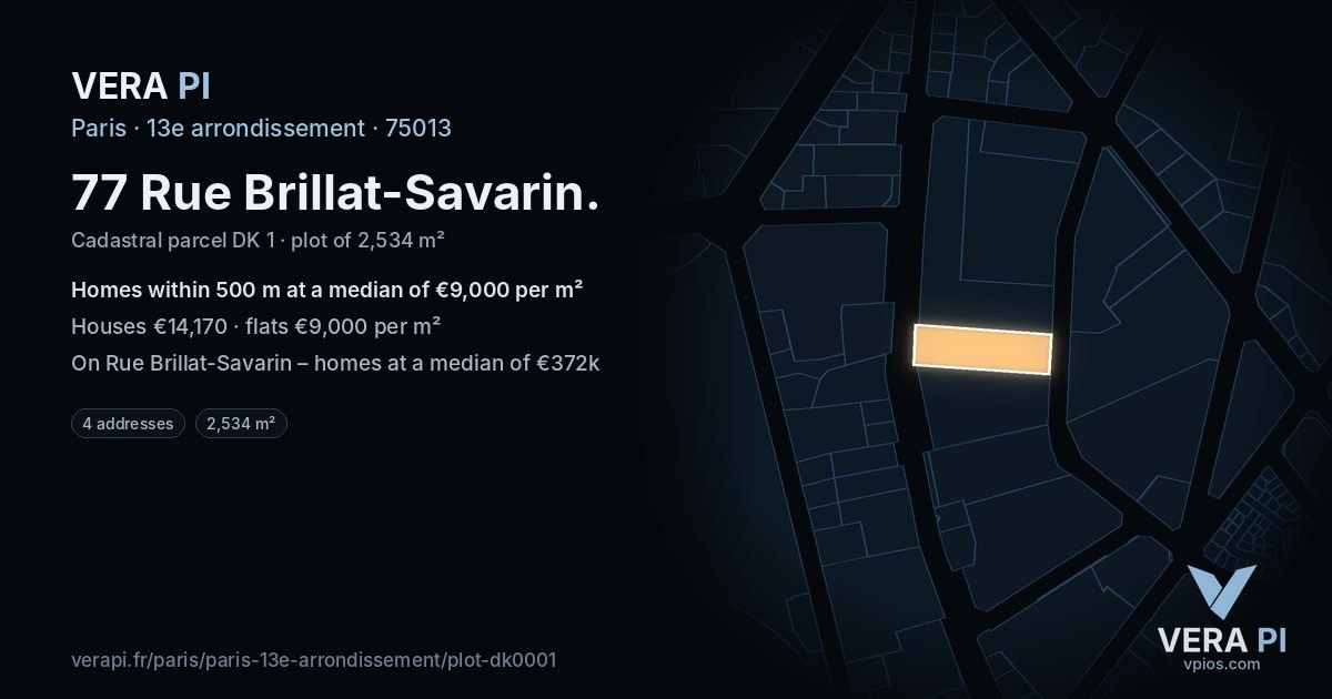 77 Rue Brillat-Savarin, 13e arrondissement at night – the plot lit, the parcels around coloured by the prices near them