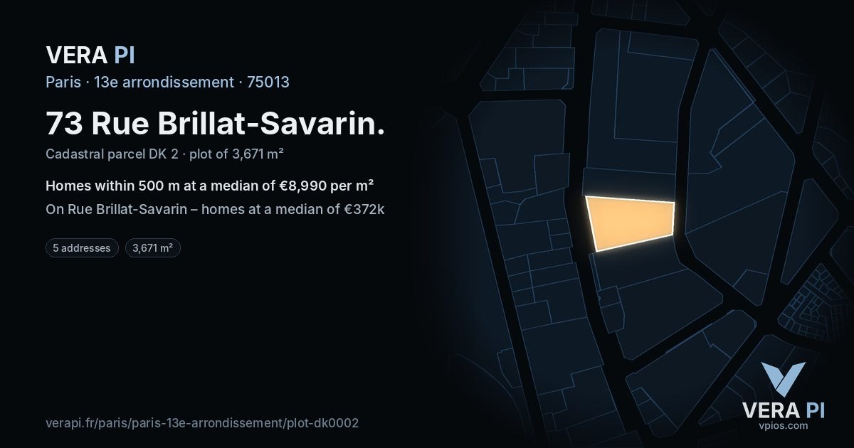 73 Rue Brillat-Savarin, 13e arrondissement at night – the plot lit, the parcels around coloured by the prices near them