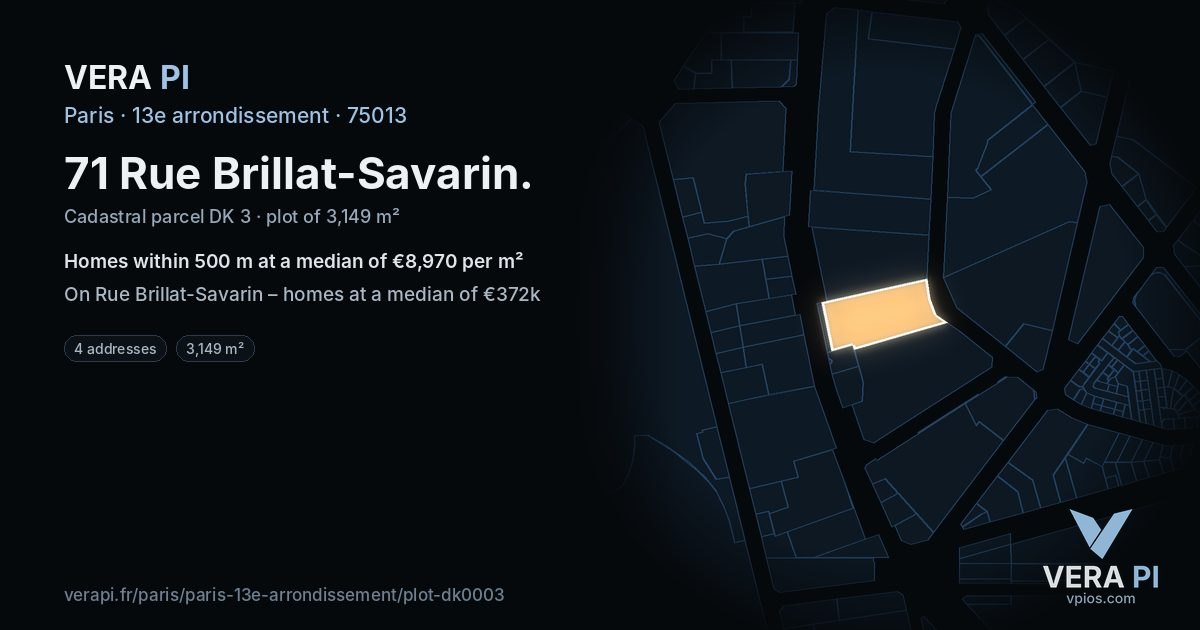 71 Rue Brillat-Savarin, 13e arrondissement at night – the plot lit, the parcels around coloured by the prices near them
