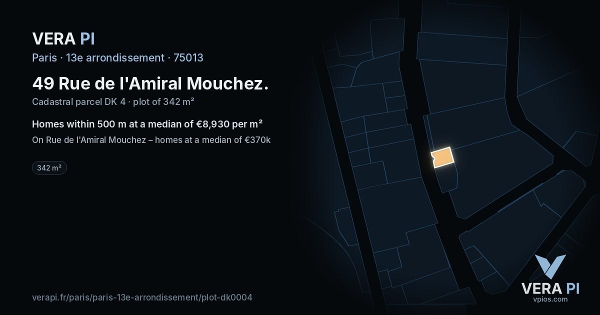 49 Rue de l'Amiral Mouchez, 13e arrondissement at night – the plot lit, the parcels around coloured by the prices near them