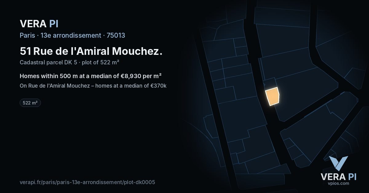 51 Rue de l'Amiral Mouchez, 13e arrondissement at night – the plot lit, the parcels around coloured by the prices near them