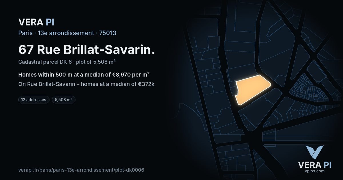 67 Rue Brillat-Savarin, 13e arrondissement at night – the plot lit, the parcels around coloured by the prices near them