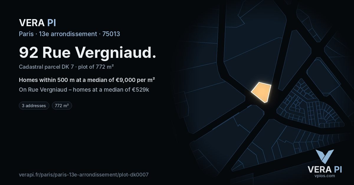 92 Rue Vergniaud, 13e arrondissement at night – the plot lit, the parcels around coloured by the prices near them