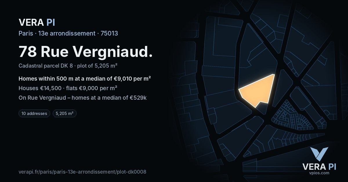 78 Rue Vergniaud, 13e arrondissement at night – the plot lit, the parcels around coloured by the prices near them