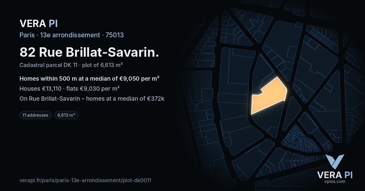 82 Rue Brillat-Savarin, 13e arrondissement at night – the plot lit, the parcels around coloured by the prices near them