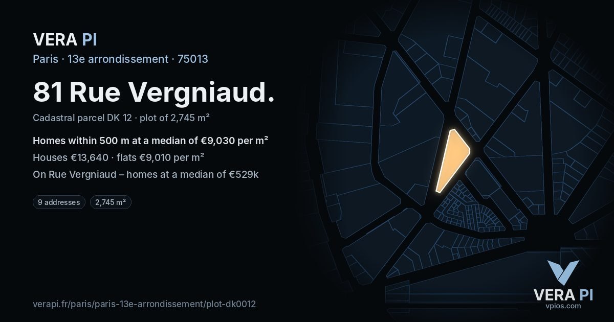 81 Rue Vergniaud, 13e arrondissement at night – the plot lit, the parcels around coloured by the prices near them