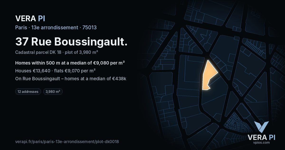 37 Rue Boussingault, 13e arrondissement at night – the plot lit, the parcels around coloured by the prices near them