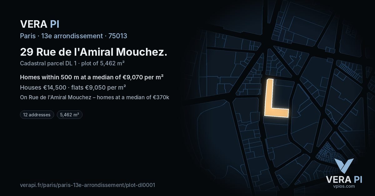 29 Rue de l'Amiral Mouchez, 13e arrondissement at night – the plot lit, the parcels around coloured by the prices near them
