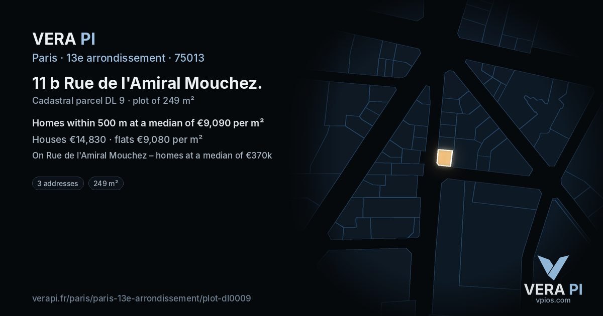 11 b Rue de l'Amiral Mouchez, 13e arrondissement at night – the plot lit, the parcels around coloured by the prices near them