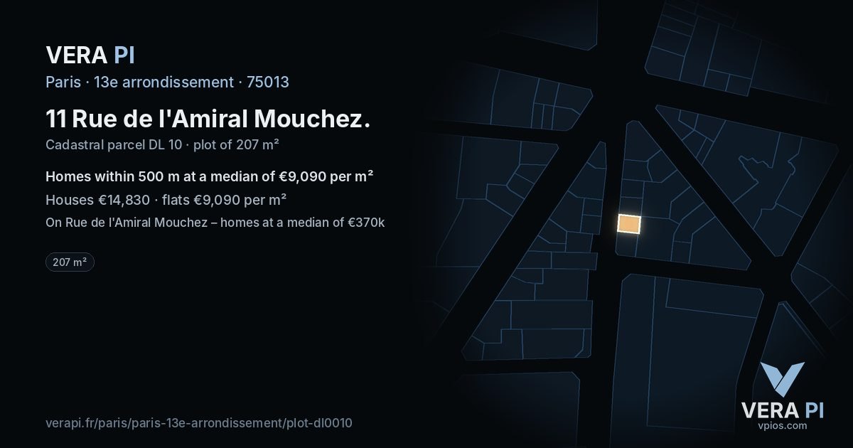 11 Rue de l'Amiral Mouchez, 13e arrondissement at night – the plot lit, the parcels around coloured by the prices near them