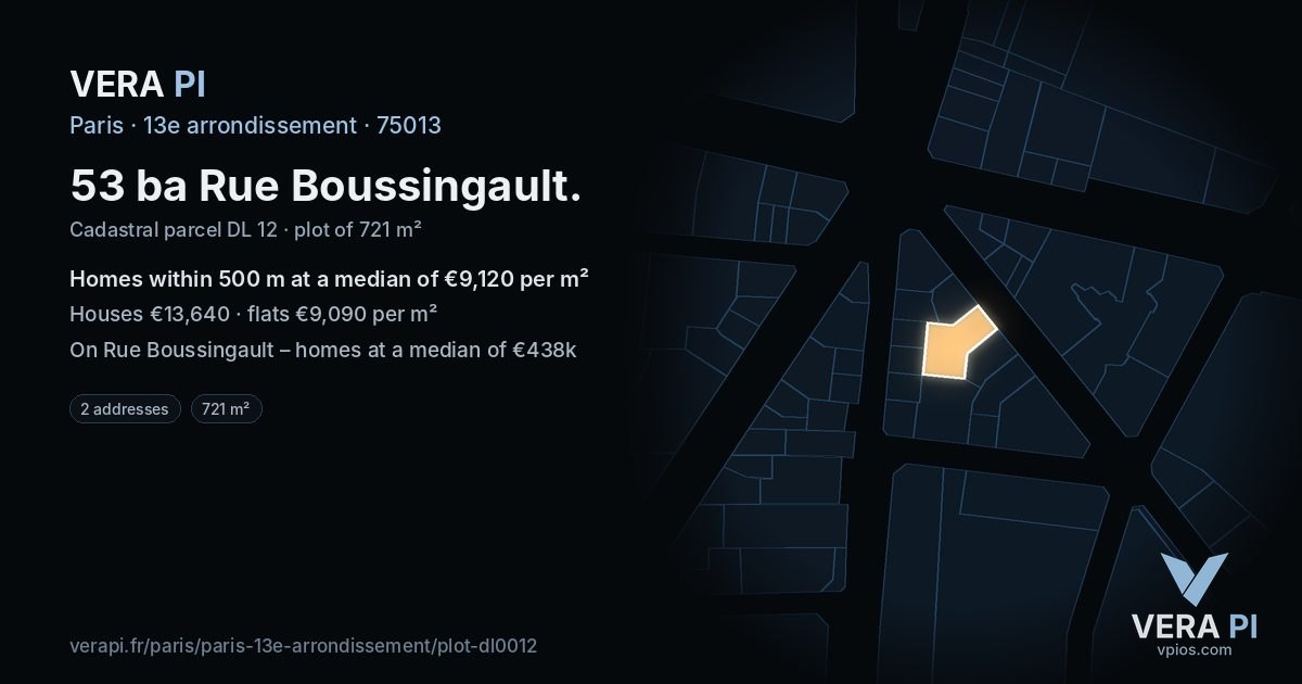 53 ba Rue Boussingault, 13e arrondissement at night – the plot lit, the parcels around coloured by the prices near them
