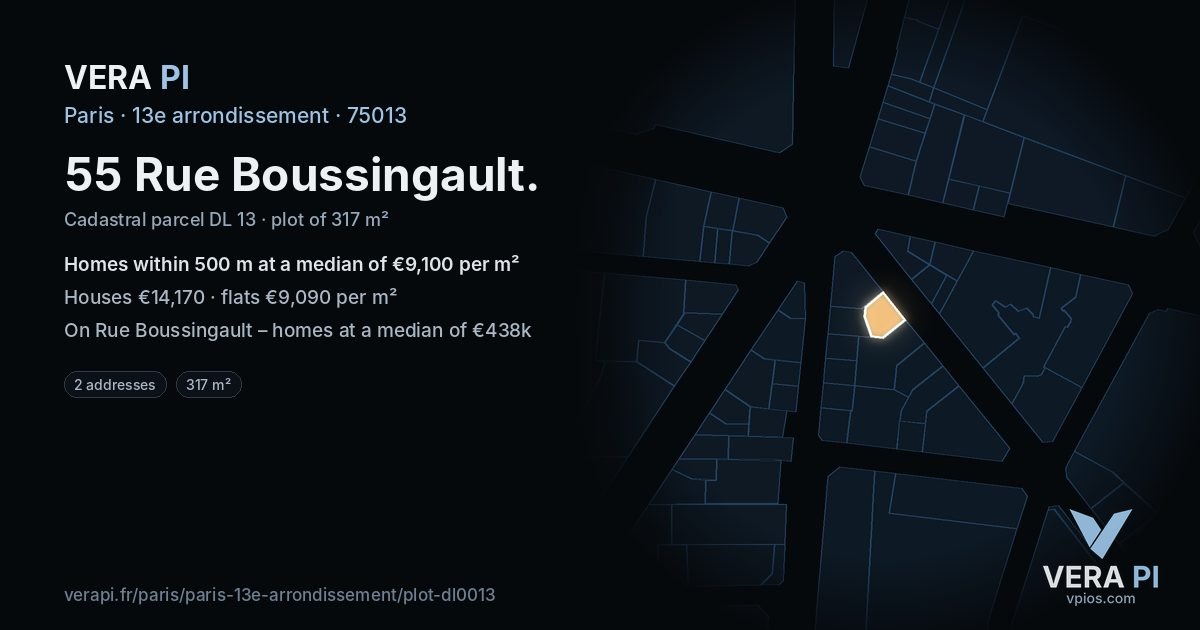 55 Rue Boussingault, 13e arrondissement at night – the plot lit, the parcels around coloured by the prices near them