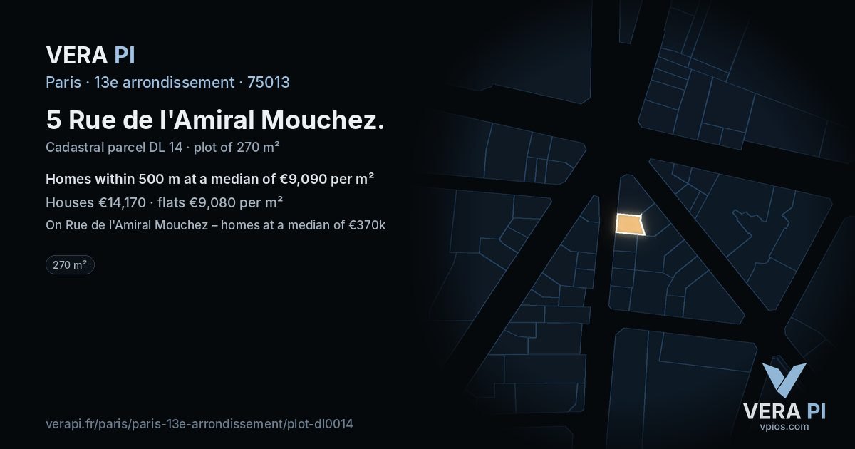 5 Rue de l'Amiral Mouchez, 13e arrondissement at night – the plot lit, the parcels around coloured by the prices near them