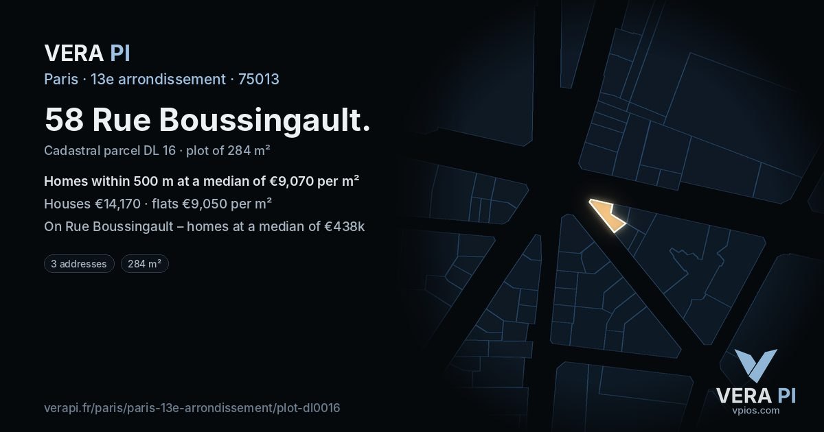 58 Rue Boussingault, 13e arrondissement at night – the plot lit, the parcels around coloured by the prices near them