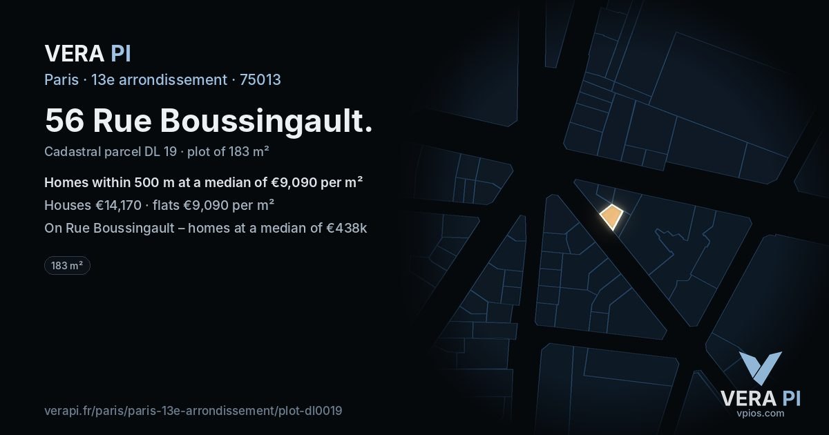 56 Rue Boussingault, 13e arrondissement at night – the plot lit, the parcels around coloured by the prices near them
