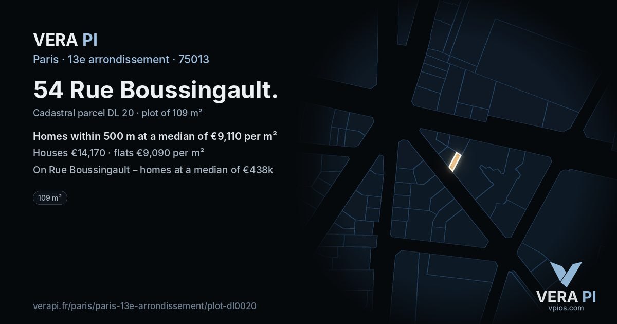 54 Rue Boussingault, 13e arrondissement at night – the plot lit, the parcels around coloured by the prices near them