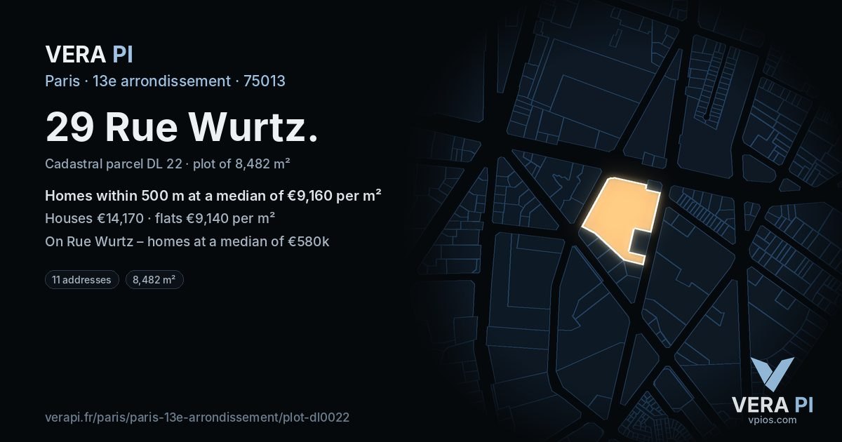 29 Rue Wurtz, 13e arrondissement at night – the plot lit, the parcels around coloured by the prices near them