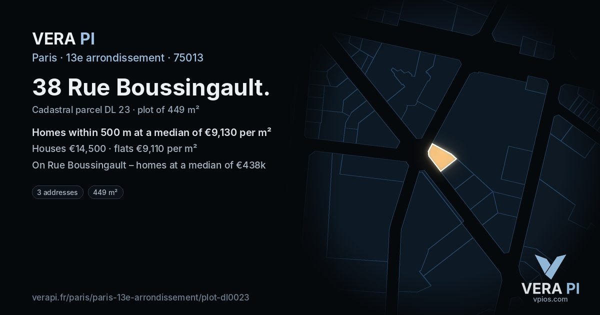 38 Rue Boussingault, 13e arrondissement at night – the plot lit, the parcels around coloured by the prices near them
