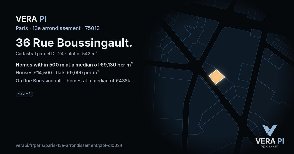 36 Rue Boussingault, 13e arrondissement at night – the plot lit, the parcels around coloured by the prices near them