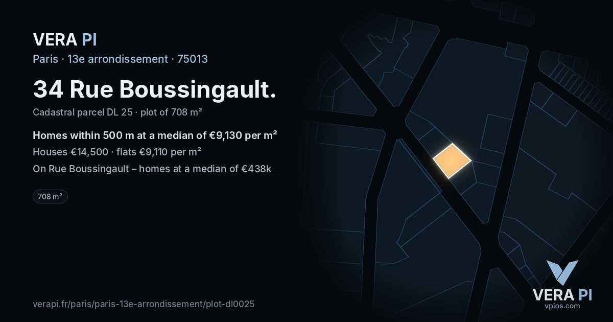 34 Rue Boussingault, 13e arrondissement at night – the plot lit, the parcels around coloured by the prices near them