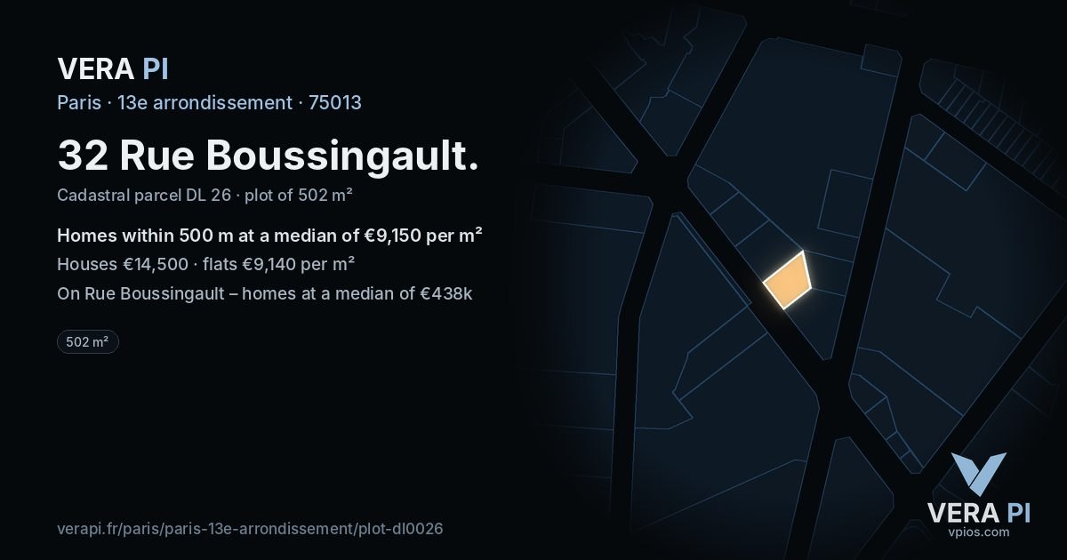 32 Rue Boussingault, 13e arrondissement at night – the plot lit, the parcels around coloured by the prices near them