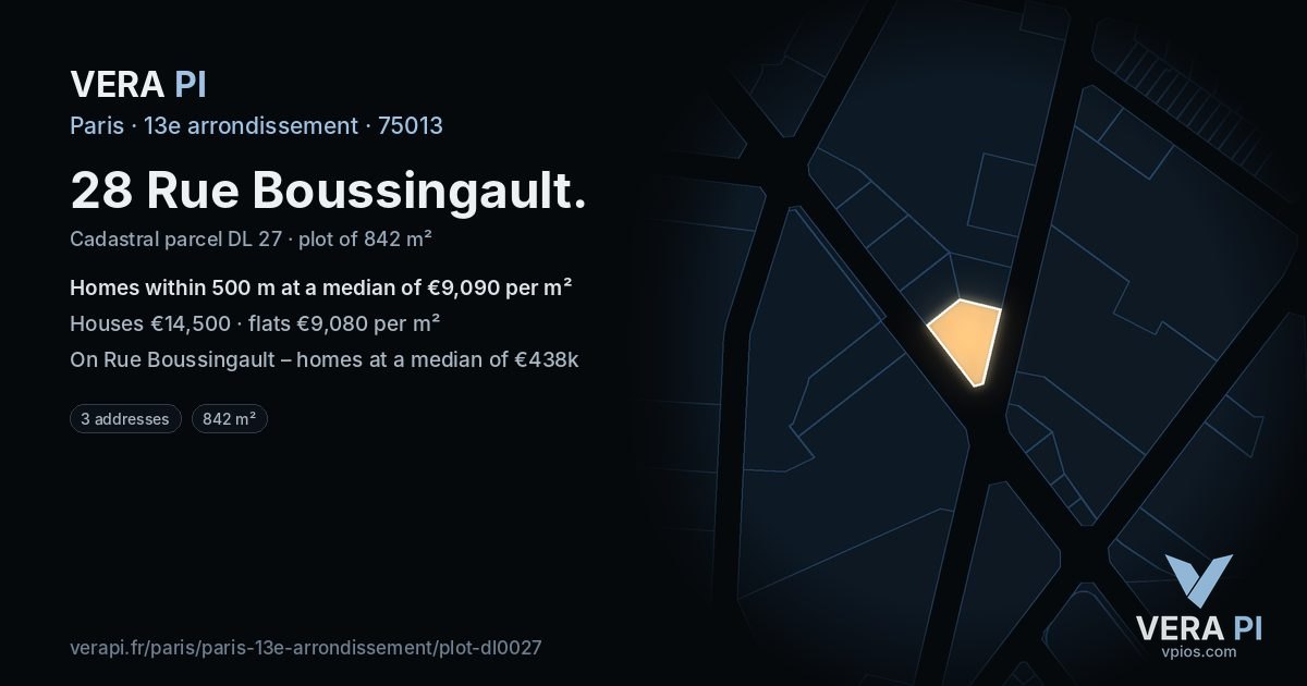 28 Rue Boussingault, 13e arrondissement at night – the plot lit, the parcels around coloured by the prices near them
