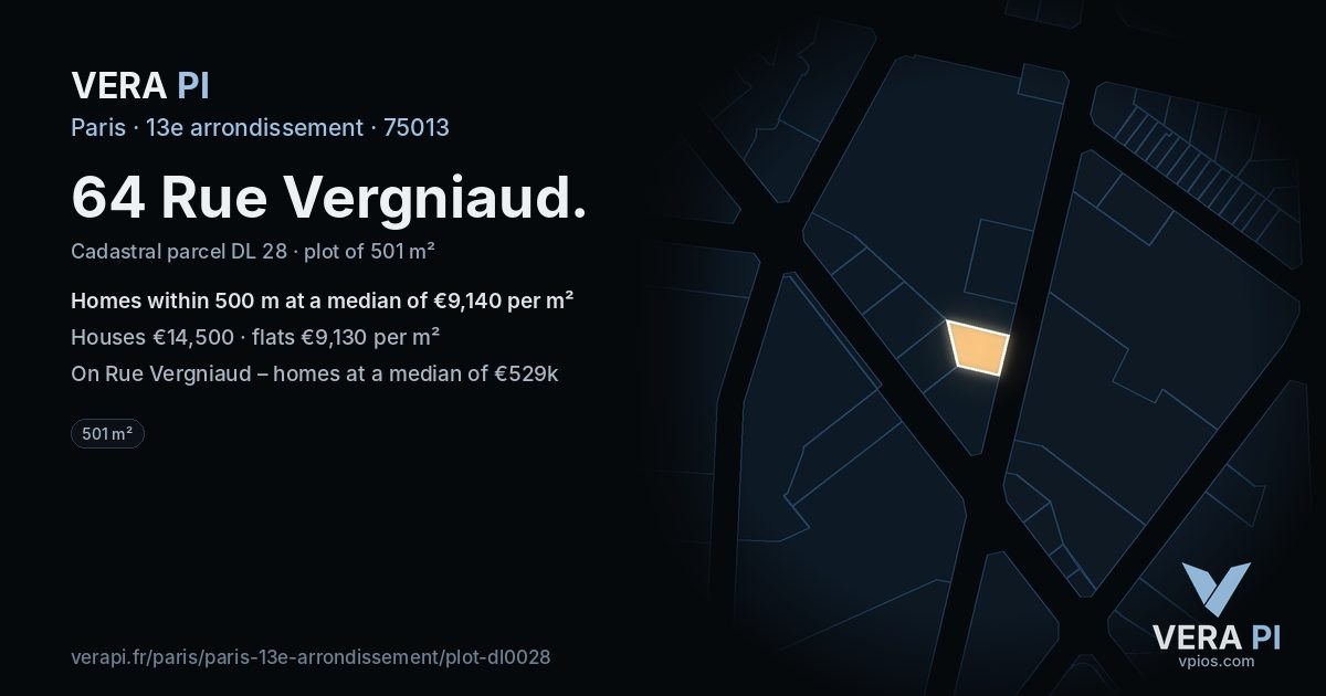 64 Rue Vergniaud, 13e arrondissement at night – the plot lit, the parcels around coloured by the prices near them