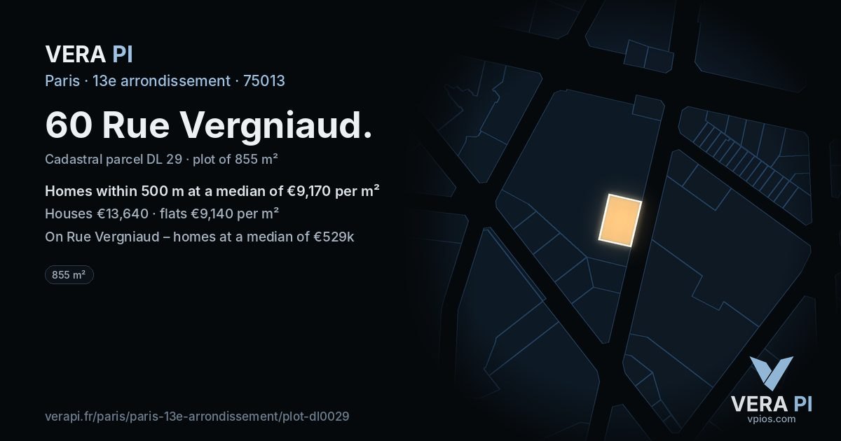 60 Rue Vergniaud, 13e arrondissement at night – the plot lit, the parcels around coloured by the prices near them