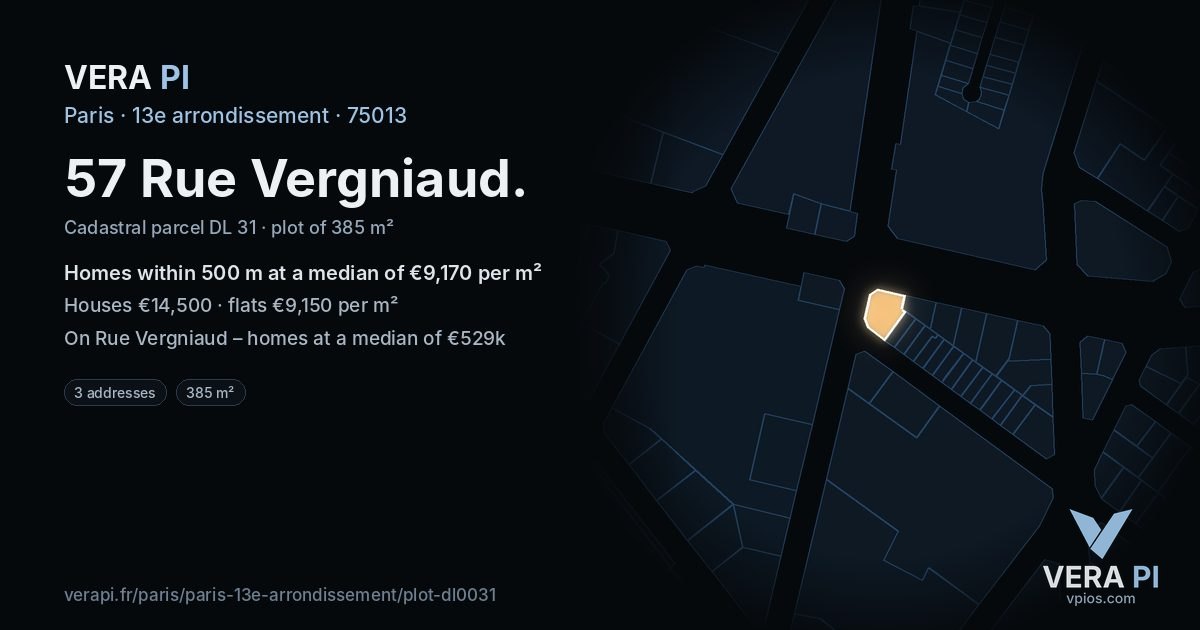57 Rue Vergniaud, 13e arrondissement at night – the plot lit, the parcels around coloured by the prices near them