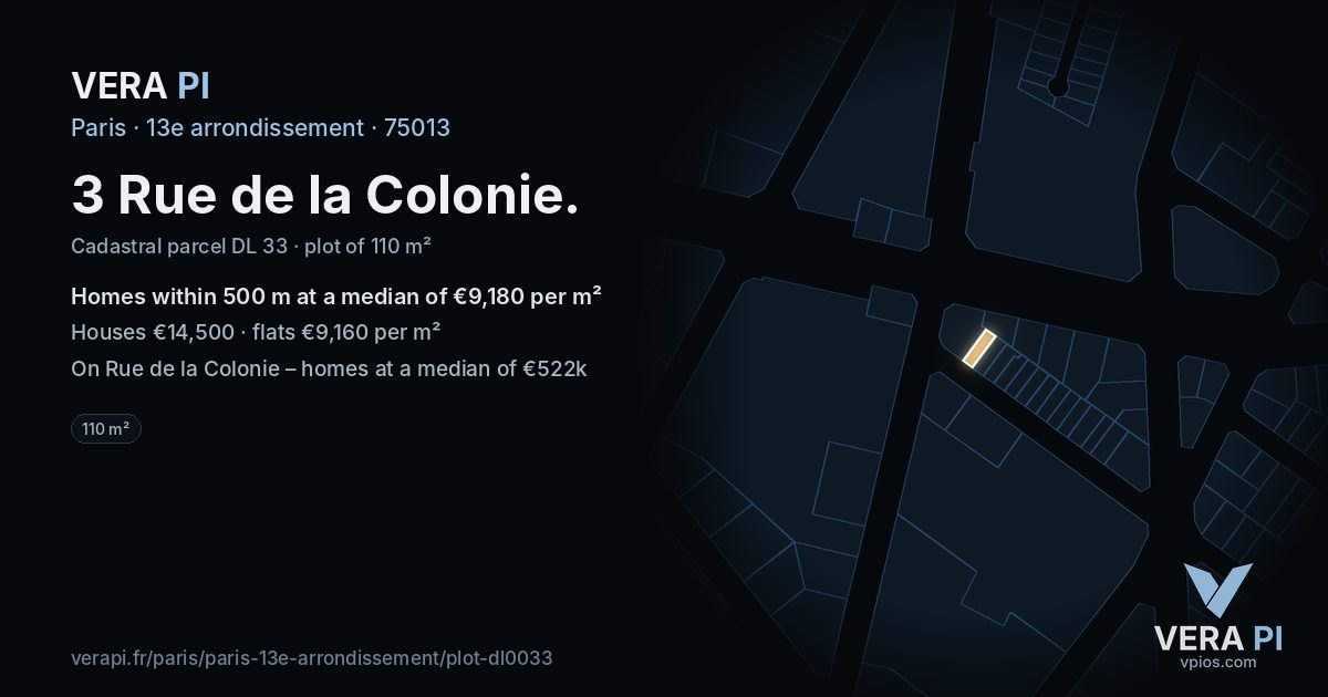 3 Rue de la Colonie, 13e arrondissement at night – the plot lit, the parcels around coloured by the prices near them