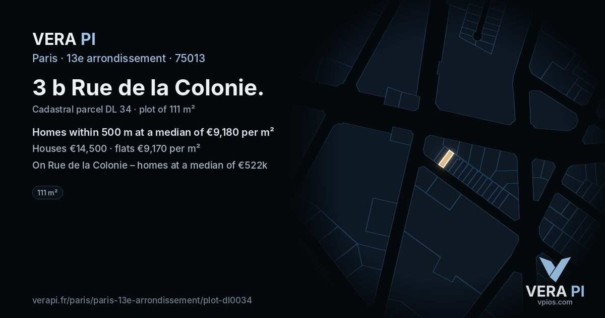 3 b Rue de la Colonie, 13e arrondissement at night – the plot lit, the parcels around coloured by the prices near them