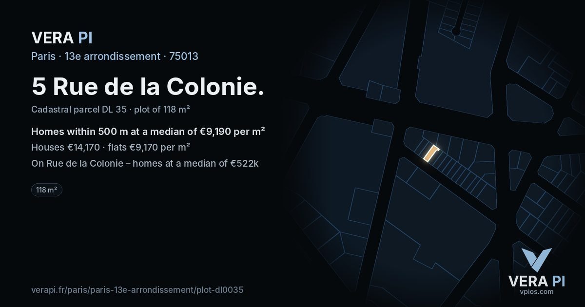 5 Rue de la Colonie, 13e arrondissement at night – the plot lit, the parcels around coloured by the prices near them
