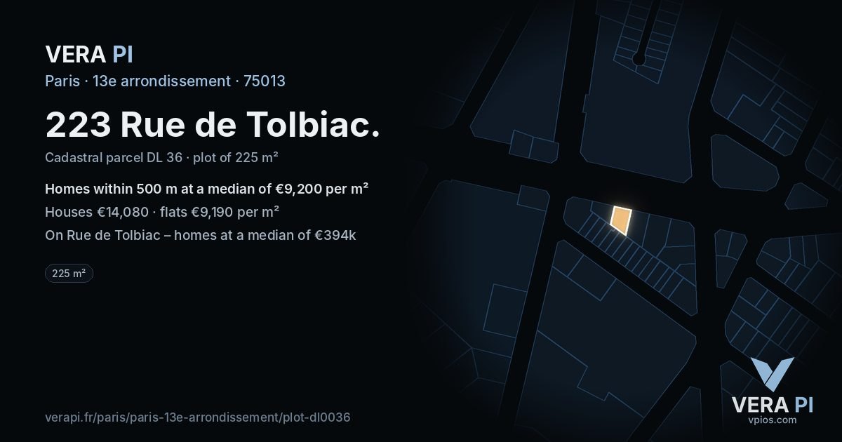 223 Rue de Tolbiac, 13e arrondissement at night – the plot lit, the parcels around coloured by the prices near them