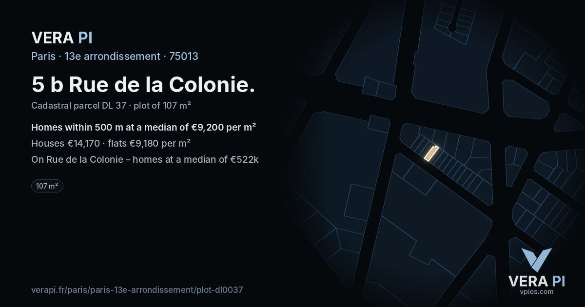5 b Rue de la Colonie, 13e arrondissement at night – the plot lit, the parcels around coloured by the prices near them