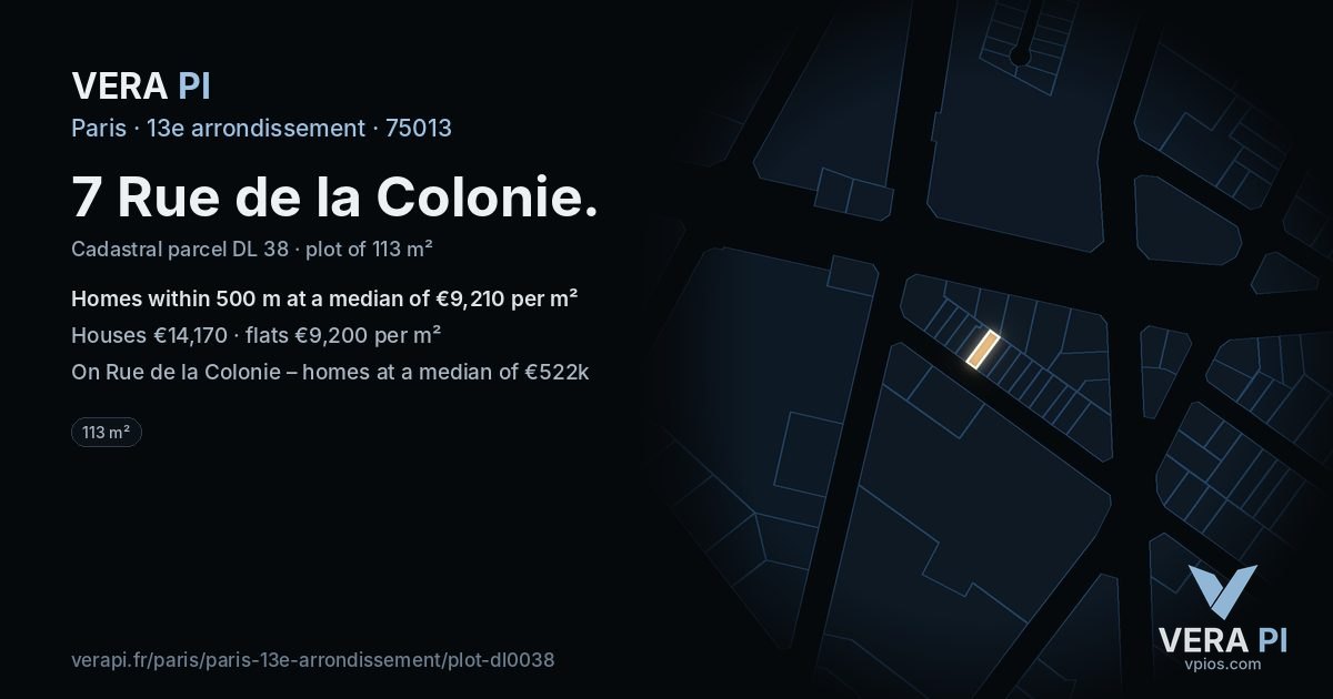 7 Rue de la Colonie, 13e arrondissement at night – the plot lit, the parcels around coloured by the prices near them