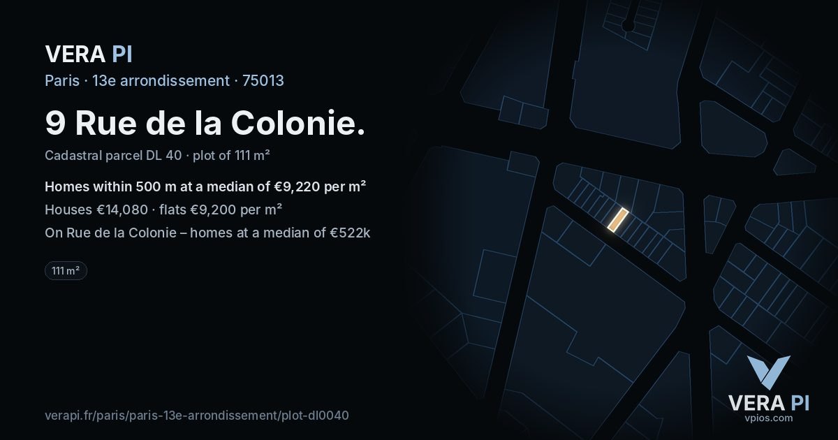 9 Rue de la Colonie, 13e arrondissement at night – the plot lit, the parcels around coloured by the prices near them