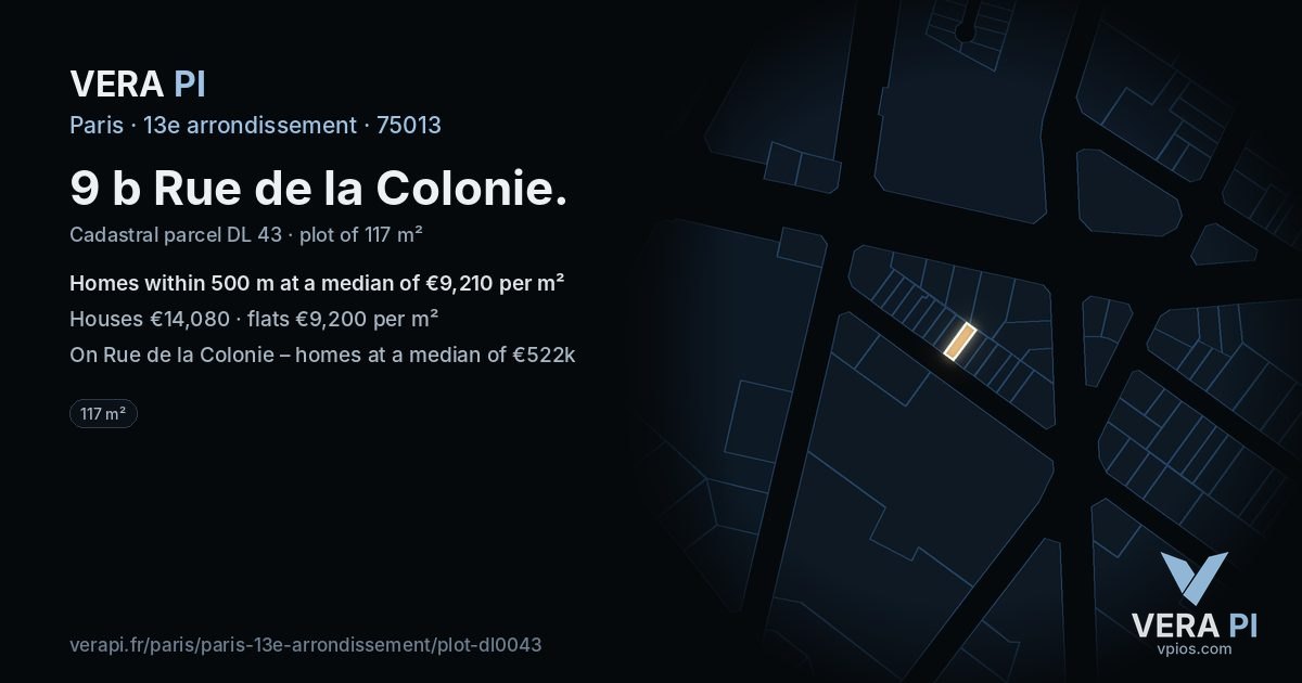 9 b Rue de la Colonie, 13e arrondissement at night – the plot lit, the parcels around coloured by the prices near them