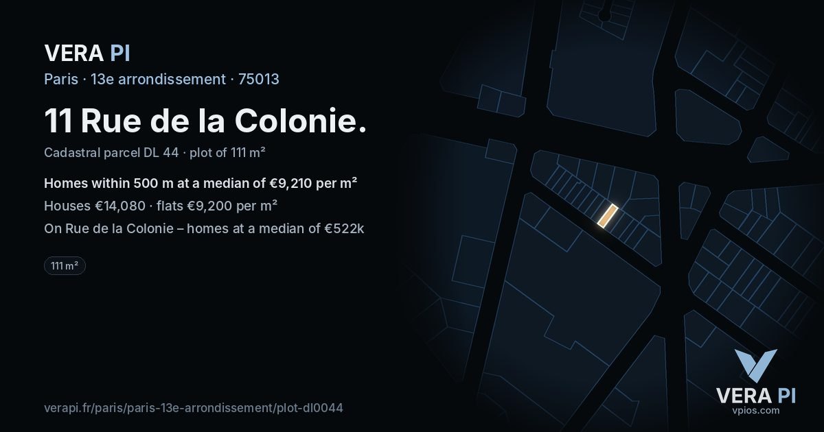 11 Rue de la Colonie, 13e arrondissement at night – the plot lit, the parcels around coloured by the prices near them