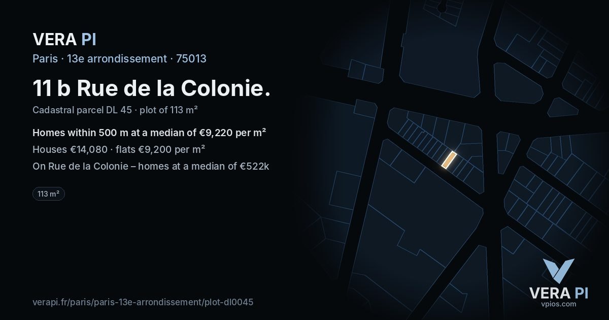 11 b Rue de la Colonie, 13e arrondissement at night – the plot lit, the parcels around coloured by the prices near them