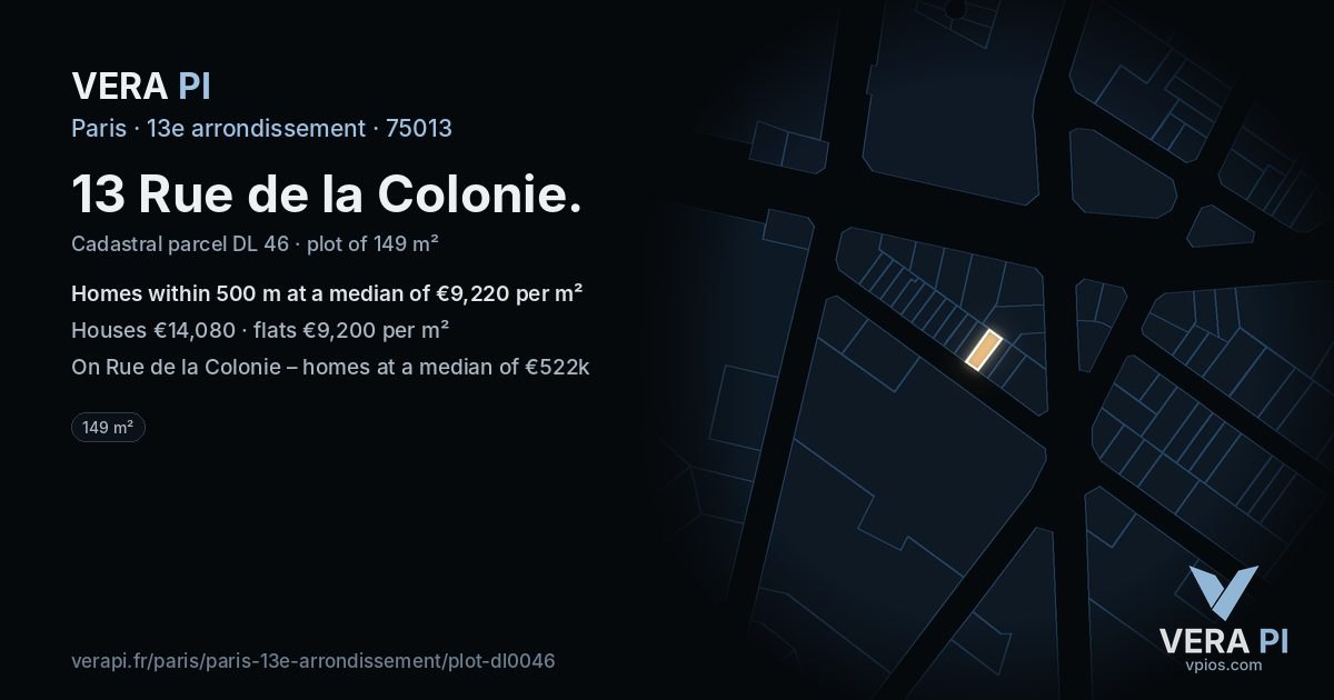 13 Rue de la Colonie, 13e arrondissement at night – the plot lit, the parcels around coloured by the prices near them