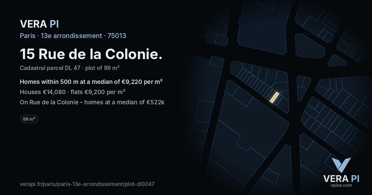 15 Rue de la Colonie, 13e arrondissement at night – the plot lit, the parcels around coloured by the prices near them