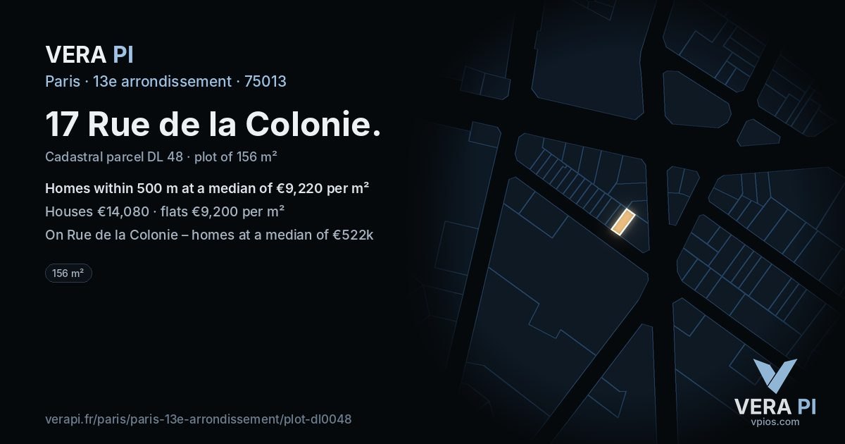 17 Rue de la Colonie, 13e arrondissement at night – the plot lit, the parcels around coloured by the prices near them