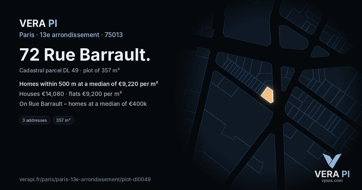 72 Rue Barrault, 13e arrondissement at night – the plot lit, the parcels around coloured by the prices near them