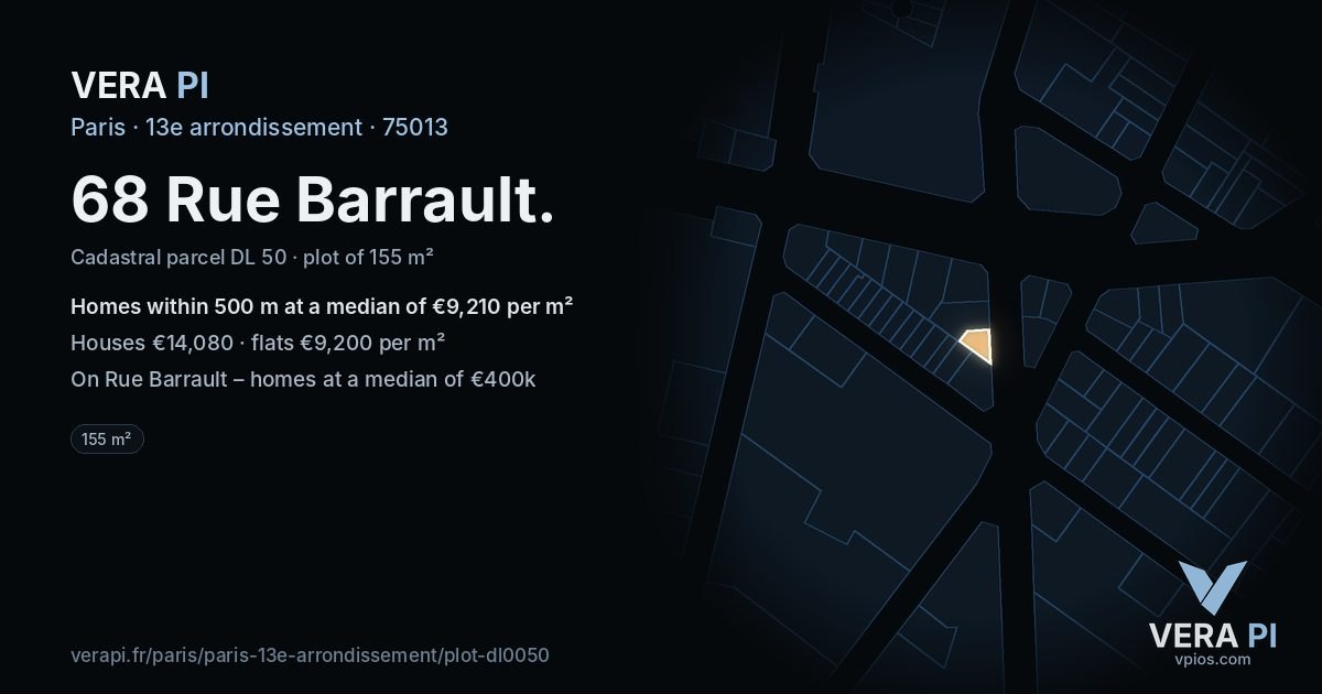 68 Rue Barrault, 13e arrondissement at night – the plot lit, the parcels around coloured by the prices near them