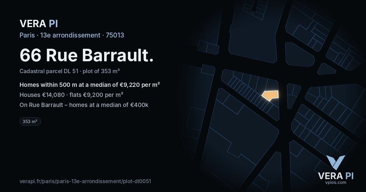 66 Rue Barrault, 13e arrondissement at night – the plot lit, the parcels around coloured by the prices near them