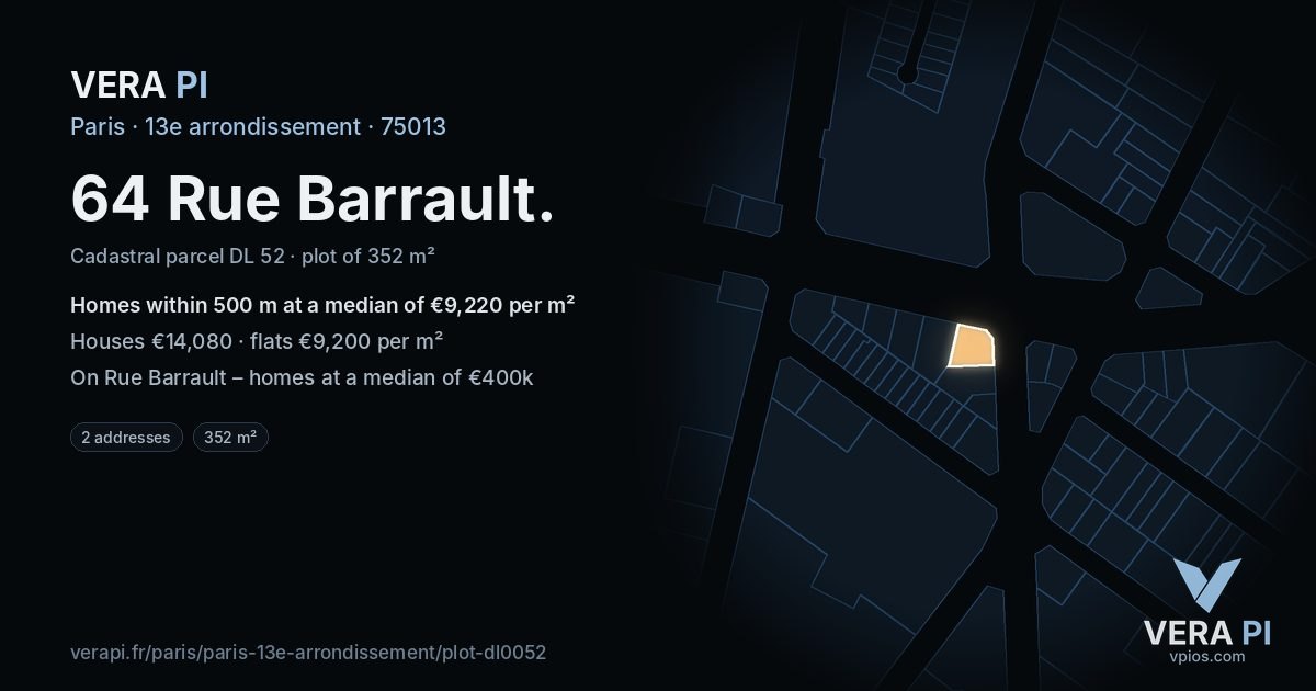 64 Rue Barrault, 13e arrondissement at night – the plot lit, the parcels around coloured by the prices near them