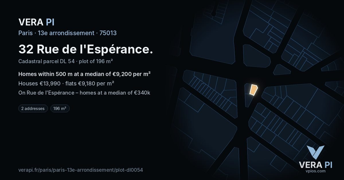 32 Rue de l'Espérance, 13e arrondissement at night – the plot lit, the parcels around coloured by the prices near them